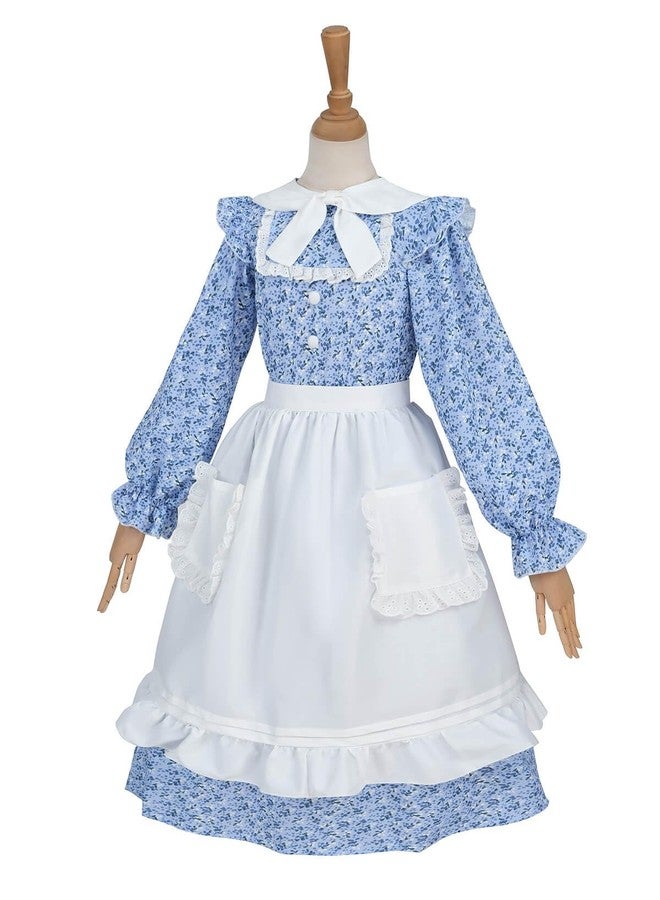 Nuoqi Colonial Dress Girls Pioneer Prairie Dress Laura Ingalls Wilder Costume with Apron Blue, 6-7 - Image 2